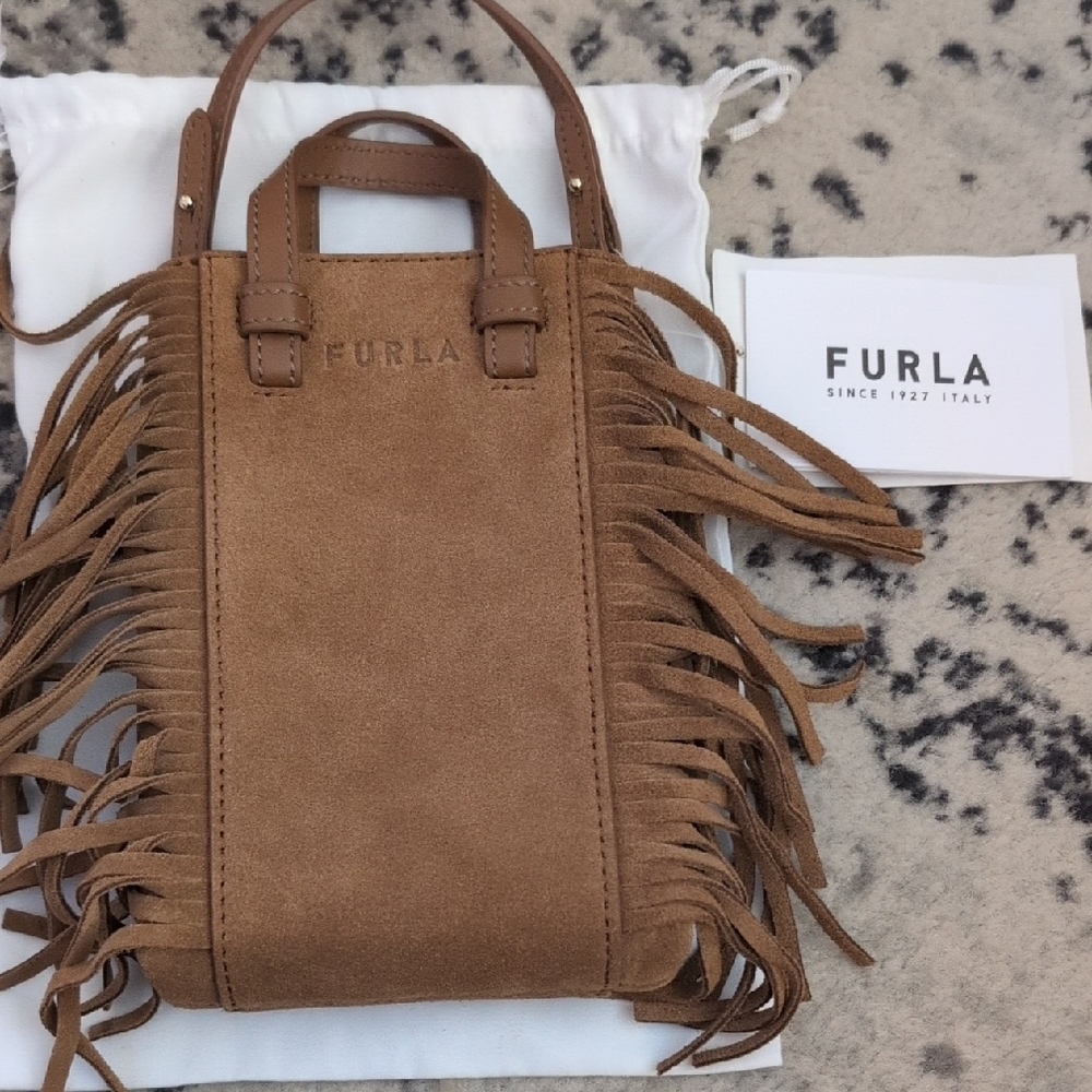 Furla Mini Bag  Suede Fringe Crossbody in Cognac Brown